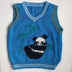 Vintage Hand-knit Panda Sweater Vest in Blue